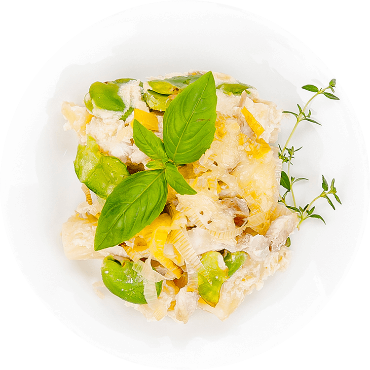Макароны ригатони, запеченные с кремом из лука и курицей (rigatoni gratinati con crema di porri e pollo)
