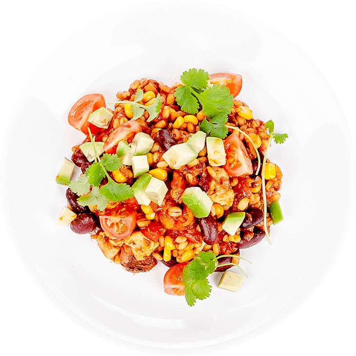 Graupenrisotto mit Hähnchen, roten Bohnen und Mais