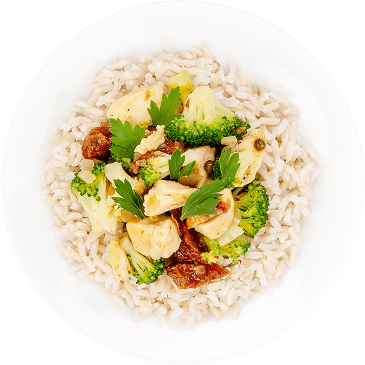 Kuvano jelo sa piletinom, brokolijem i smeđim pirinčem 
