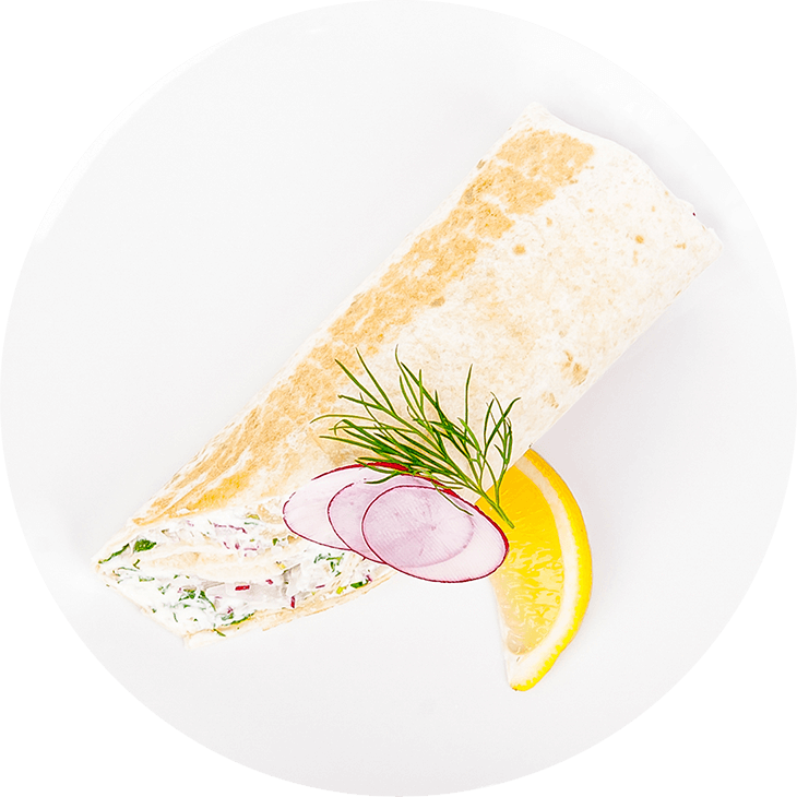 Тортилья з лососем, вершковим сиром, руколою, редисом та кропом