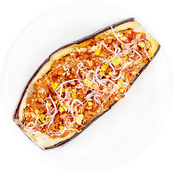 Stuffed aubergine with cottage white cheese and tomato buckwheat