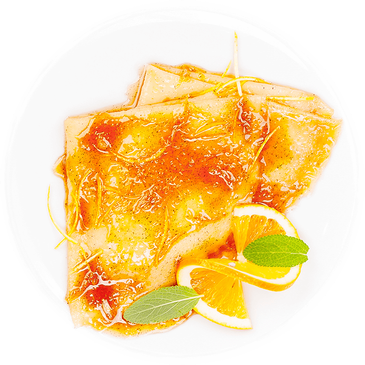 Portakal suyunda karamelize edilmiş krep (crepes suzette)