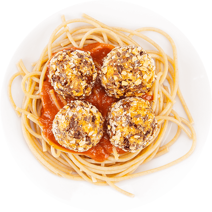 Tofulu, fesleğenli ve kuru domatesli köfte eşliğinde spagetti