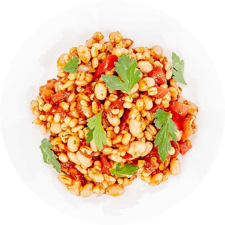Slow-cooked beans, tomatoes and pepper with pearl barley