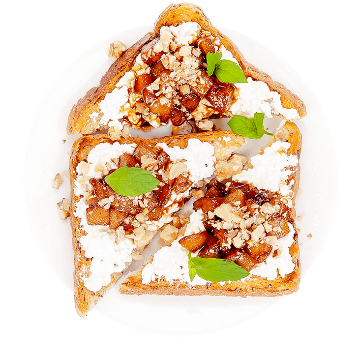 Toast mit Hüttenkäse, karamellisierten Birnen und Nüssen 