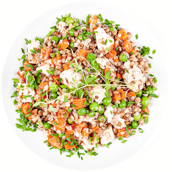 Buckwheat with chicken, carrot and garden peas