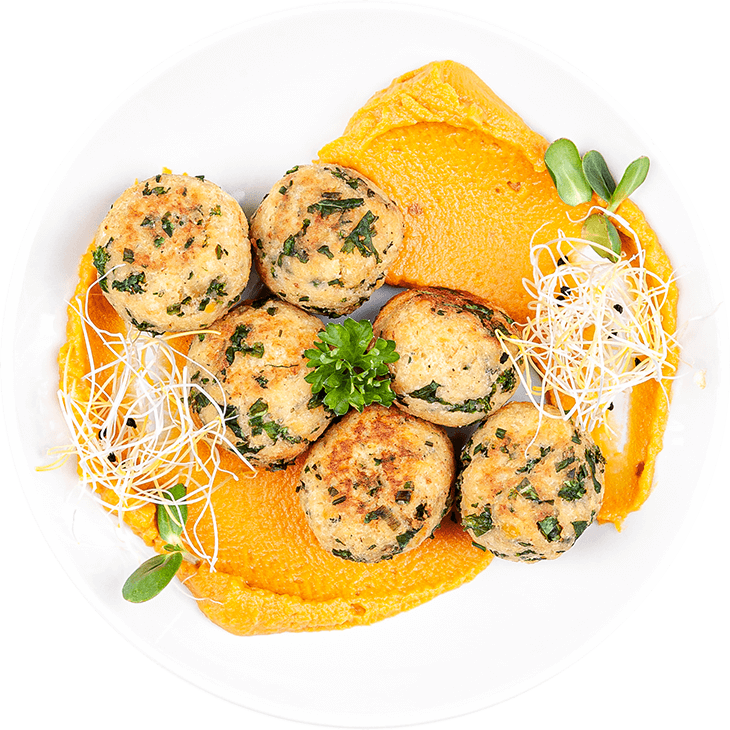 Salmon fishballs with spinach and millet on sweet potato purée