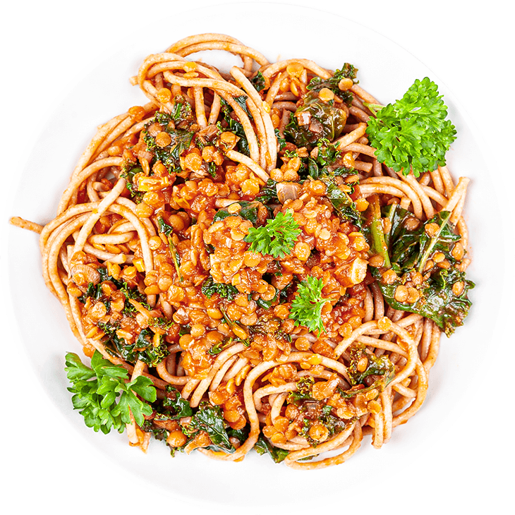 Spaghetti with lentils and kale