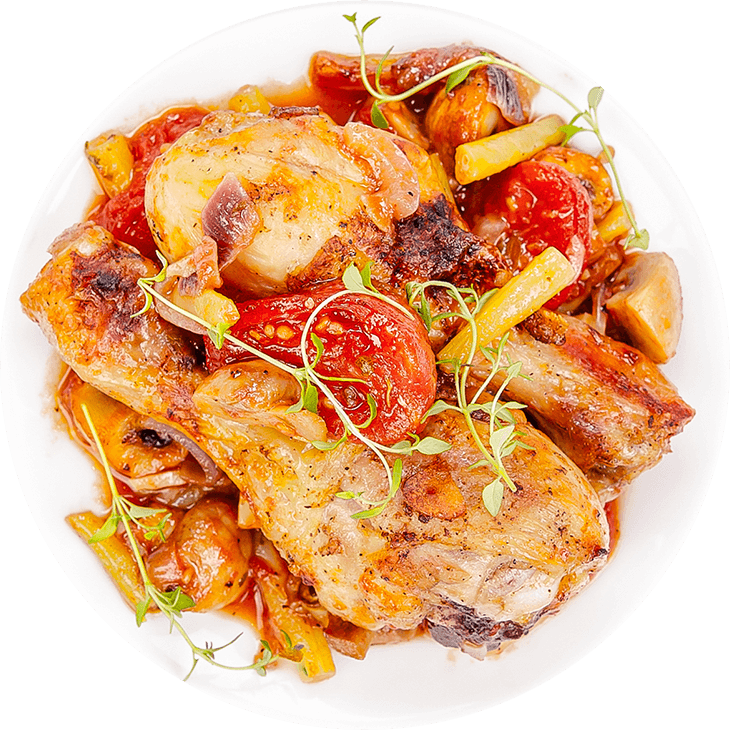 Podudzia z kurczaka zapiekane z pieczarkami, pomidorami i fasolką szparagową