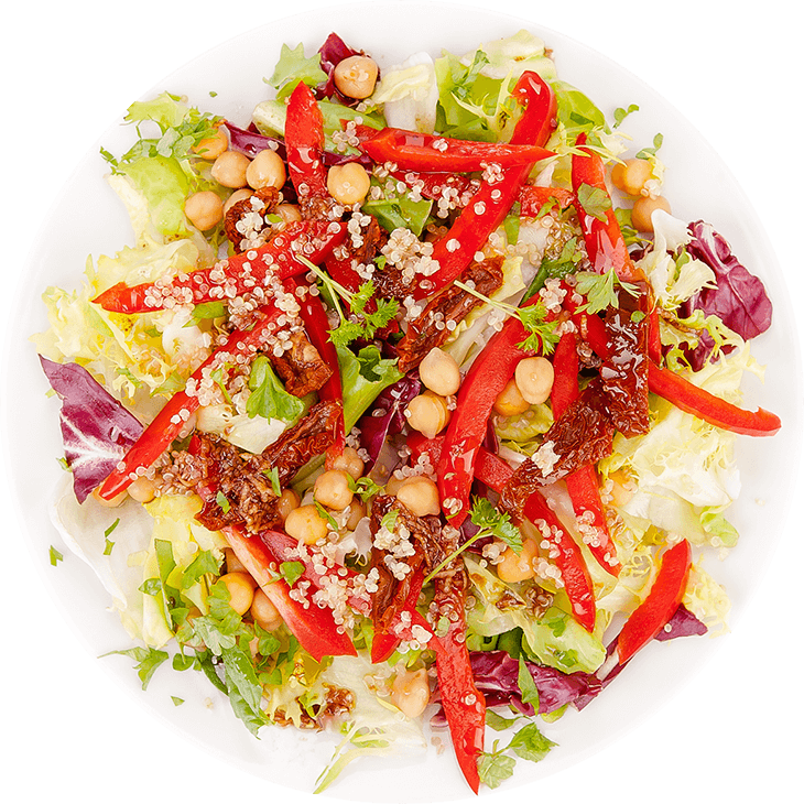 Saláta quinoával, csicseriborsóval és szárított paradicsommal