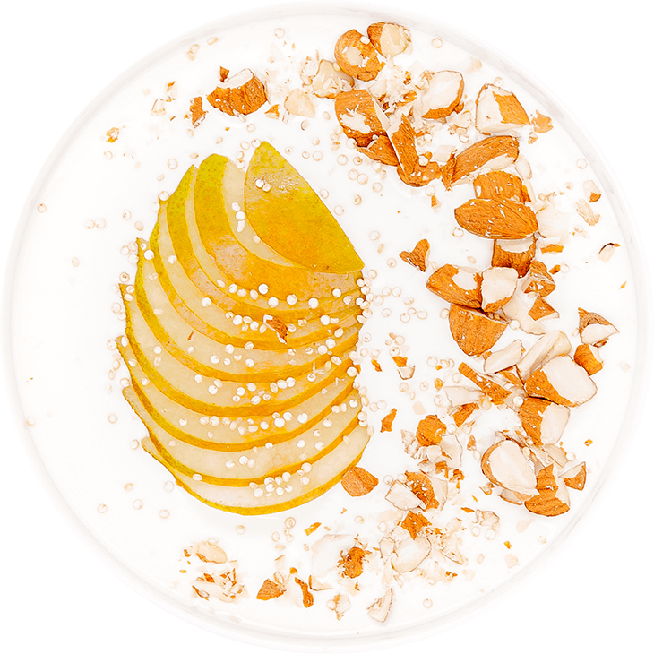 Szójajoghurt puffasztott amaránttal, körtével és mandulával